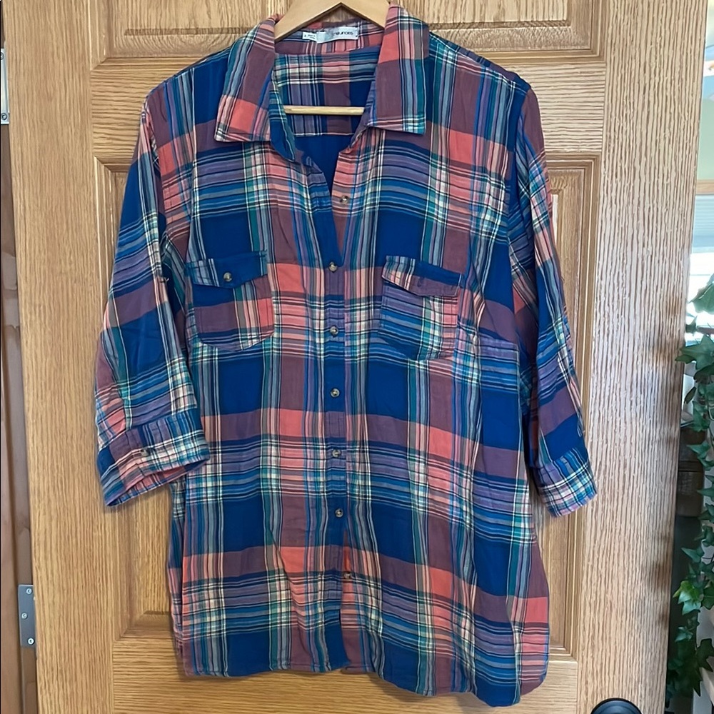 Plaid Button-Up Shirt in Blue and Pink